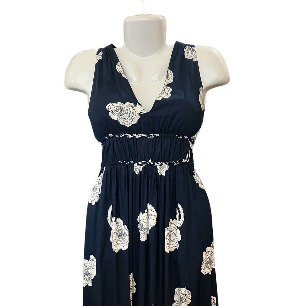JAPNA Women's Navy Cream Floral Print Smocked Waist Maxi Boho Feminine Dress XS - Picture 5 of 10